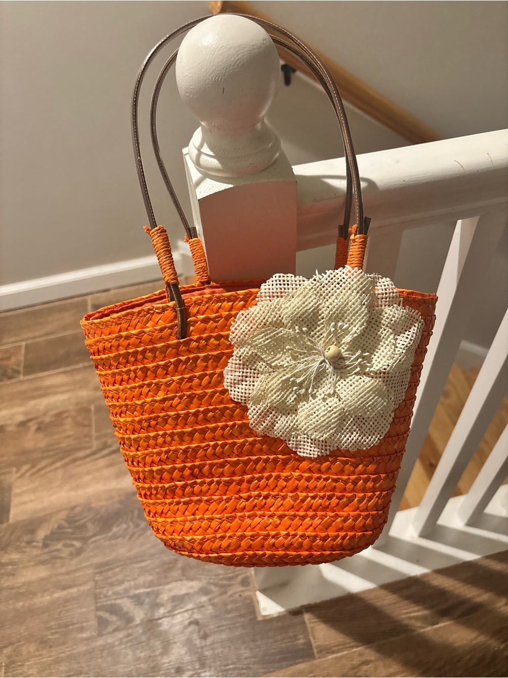 Orange Straw Tote with Cream Flower Accent